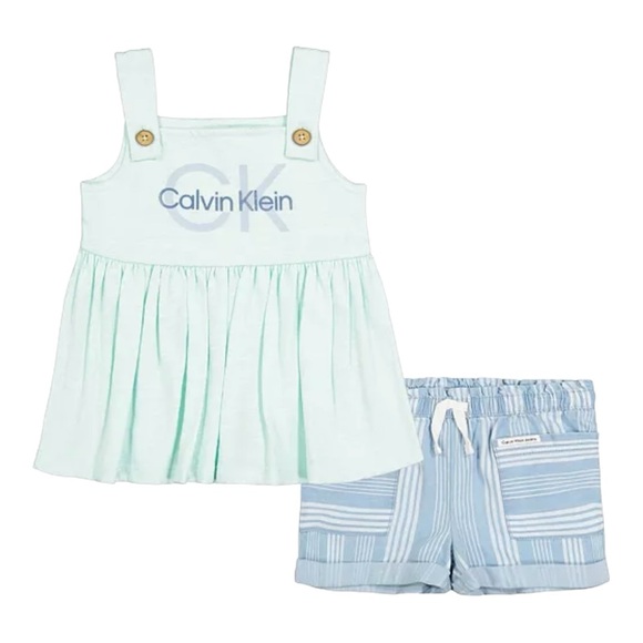 NWT CALVIN KLEIN Baby Girls Babydoll Top & Denim Shorts Set 2 Pieces Green … - Picture 1 of 5